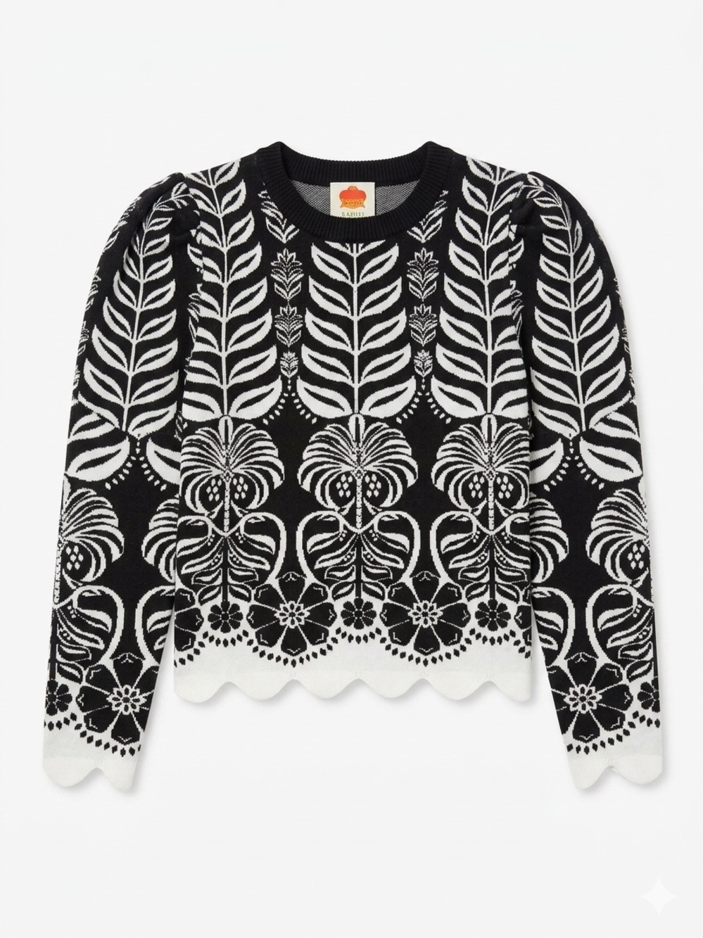 FARM RIO ANIKA Tropical Splendor Black & White Floral Jacquard Knit Top - Picture 4 of 4